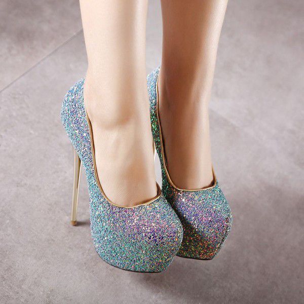 High heels, slim heels, versatile and fashionable women's shoes, sequins, waterproof platform, shallow cut women's single shoes 