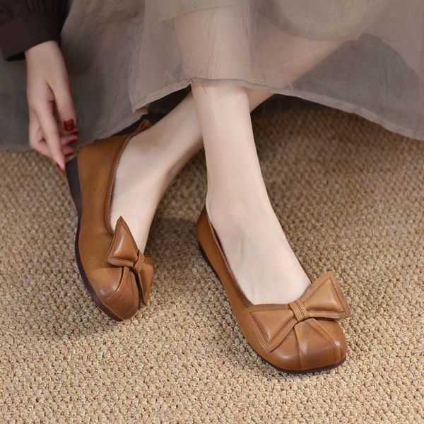 Literary Forest Women's Small Fresh Single Shoes Women's Comfortable Soft Sole Soft Top Women's Shoes Bow Shallow Oral Layer Cowhide Shoes Versatile 