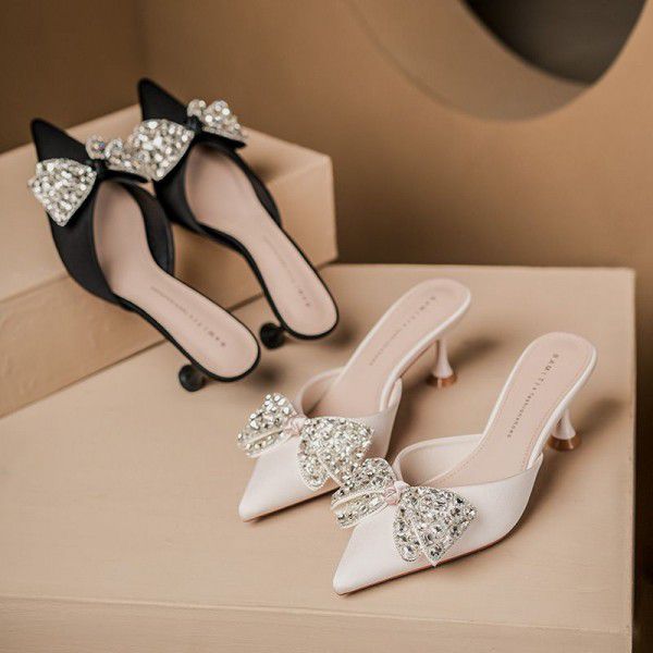 Advanced High Heel Baotou Half Slippers Women's Sandals New Style Pointed Thin Heel Bow 