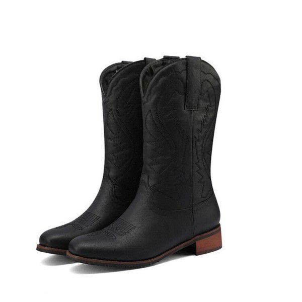 Martin boots square head V-neck embroidery Cowboy boot thick heel brown cavalry men's boots 