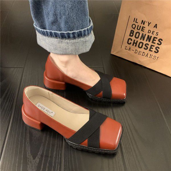 Spring thick heeled square toe women's shoes, shallow cut retro medium heeled single shoes, spring and autumn black small leather shoes 