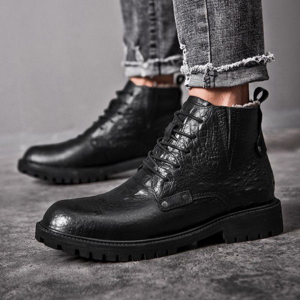 Winter oversized Martin boots for men's boots, top layer cowhide for men's short boots, English plush boots, trend high top men's shoes 