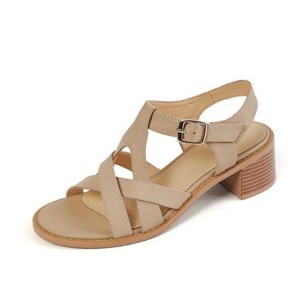 Spring/Summer Roman Style Retro Belt Buckle Thick Heel Women's Sandals Casual Full Leather Commuter Mid High Heels 