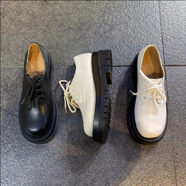 English style small leather shoes with round toe tie up and thick sole, high heel, handsome and versatile Korean version single shoe for women 