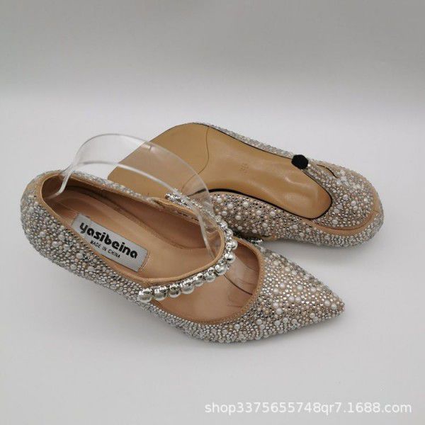 New High Heel Pointed Wedding Shoes Crystal Shoes Shallow Mouth Slim Heel Single Shoes Water Diamond Fashion Bridal Shoes Mary Jane Shoes 