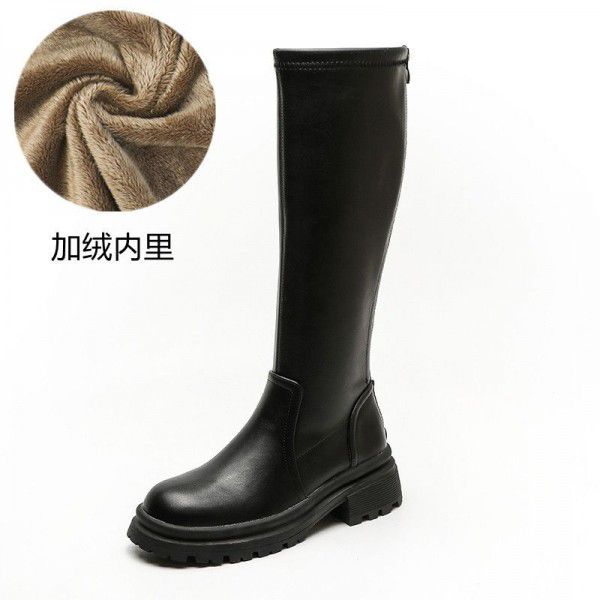 Plush autumn and winter new women's boots with thick heels, thick soles, and high sleeves, chivalrous boots that are below the knee and appear slim in English style, women's boots 