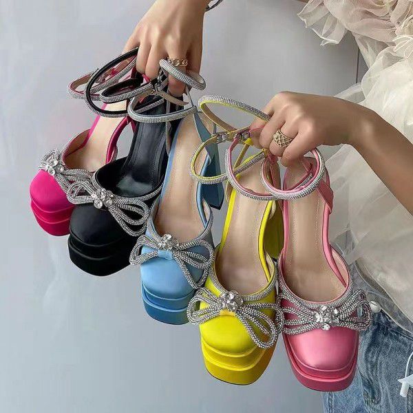 New Water Diamond Bow Double Waterproof Platform High Heel Thick Heel Women's Fashion Single Shoe 