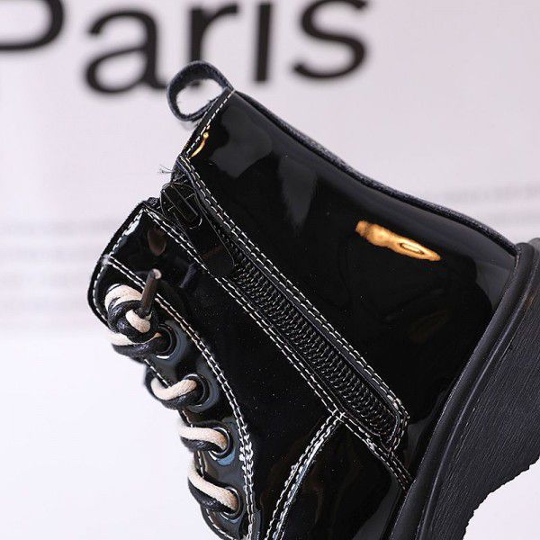 Girls' English style genuine leather Martin boots, square toe mirror black small leather boots, autumn new children's boots, low rise boots 