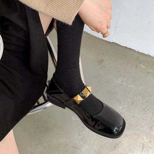 New Cowhide Square Head Single Shoes for Women's Spring and Autumn Retro Genuine Leather Riveted Small Leather Shoes for Women's French JK Mary Jane Women's Shoes 