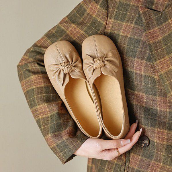 New Full Leather Cowhide Inside and Outside, Comfortable Soft Sole Style Bow Tie Single Shoe for Women 