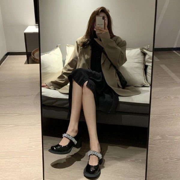 Spring New White Big Head Shoes Women's Japanese Small Leather Shoes Round Head Thick Heels Single Shoes Retro Water Diamond Mary Jane Shoes 