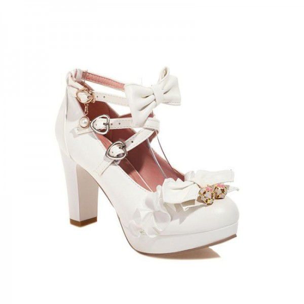 Japanese Sweet Little Fresh Lace Bow Original Single Shoe Thick Sole Mid Heel Buckle Princess Fairy Shoes 