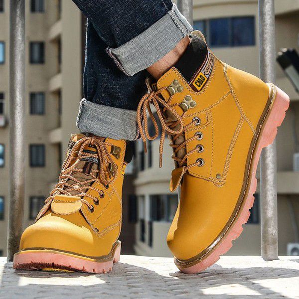 Men's Martin boots, large toe work attire boots, round toe tie up, flat bottomed leather outdoor hiking shoes, couples, black boots, spring 
