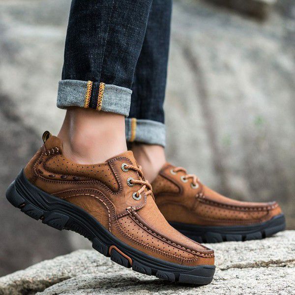 Men's casual shoes, large toe leather shoes, men's top layer cowhide outdoor anti slip hiking shoes, foot covers, men's shoes, wear-resistant work clothes shoes 