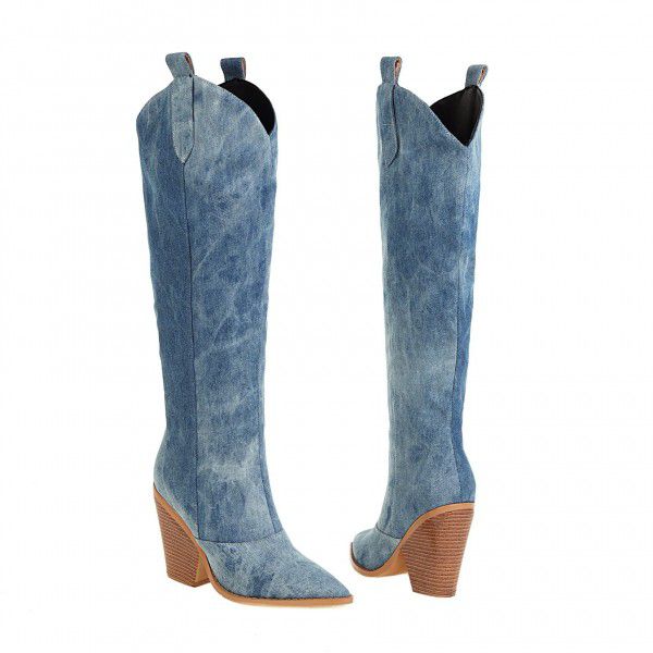 New high-heeled pointed denim high boots in autumn and winter 