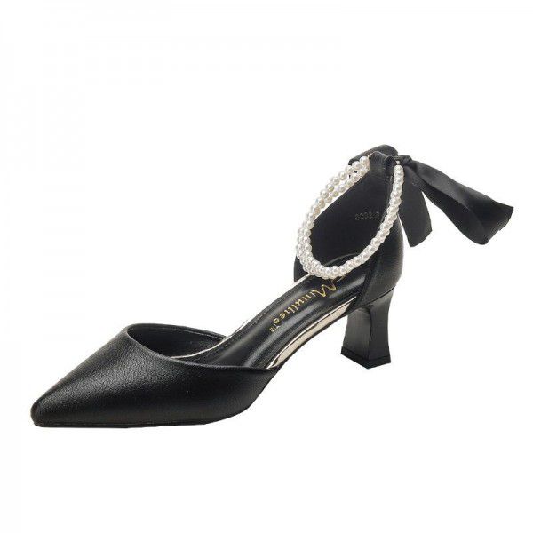 New Versatile High Heels Women's Thick Heels Hollow Black Professional Pointed Button Women's Shoes French Single Shoes 