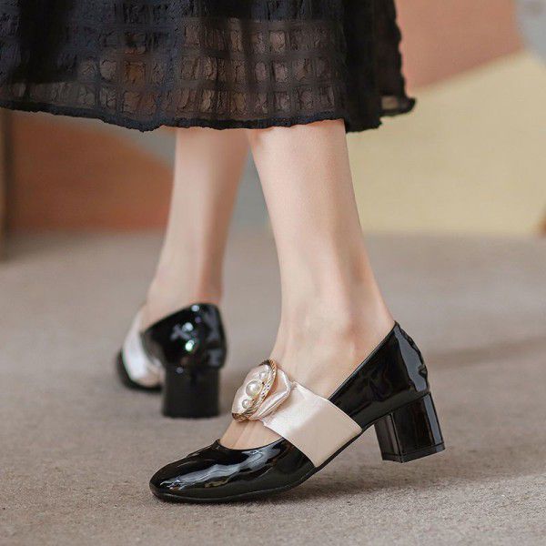 French Vintage High Heels Women's Spring New Mary Jane Shoes Middle Heels Women's Thick Heels Qipao Shoes 