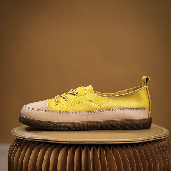 New Vintage Genuine Leather Flat Sole Women's Shoes Soft Sole Colored Casual Shoes Cow Rib Sole Women's Single Shoes 