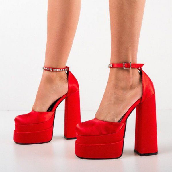 New thick high heels, candy colored single shoes, fashionable rhinestone waterproof platform, square head, thick sole for women 