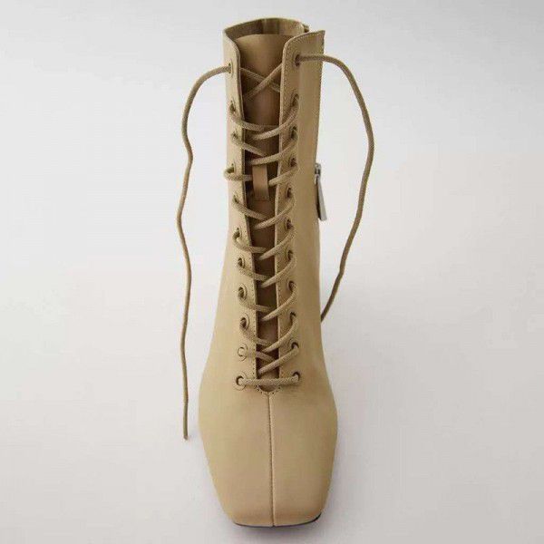 New Women's Shoes Camel Brown British Bull Leather High Heel Thick Heel Martin Short Boots New Lace up Women's Boots 