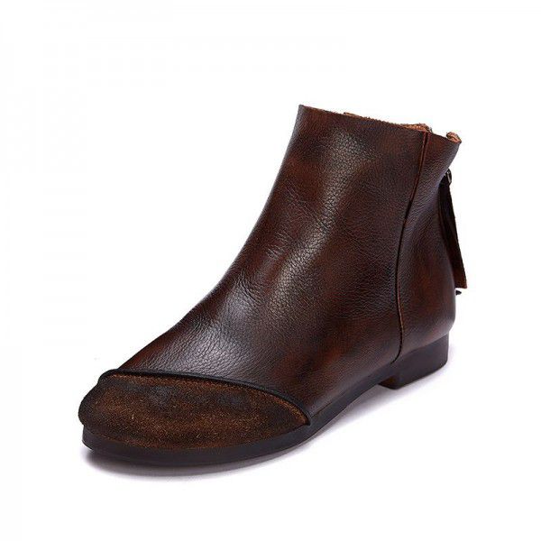 Autumn and Winter Popular Casual Women's Shoes Retro Handmade Genuine Leather Fashion Frosted Splice Flat Bottom Short Boots for Women 