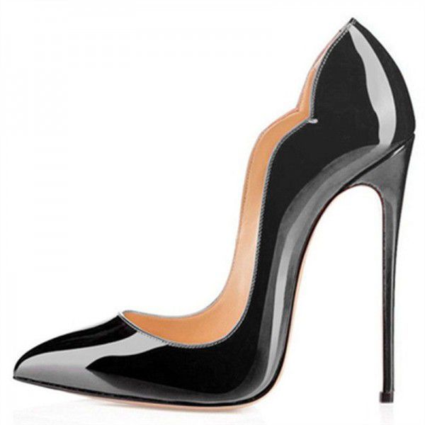Black patent leather high heels, women's slim heels, pointed toe, shallow mouthed party shoes, solid color single shoes, oversized wedding shoes 