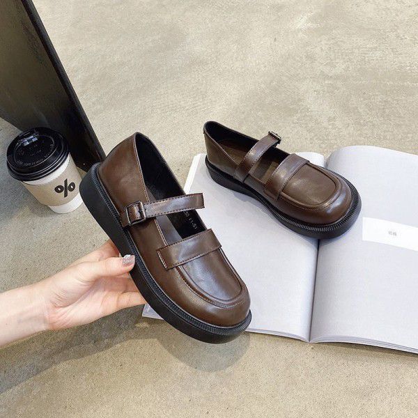 Brown Slip-on shoe Mary Jane women's shoes Flat single shoes Small leather shoes Autumn new style retro college style soft soles 
