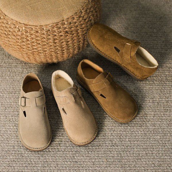 Women's autumn and winter outerwear leather plush casual flat sole single shoes for women's versatile retro soft soled Bucken shoes 