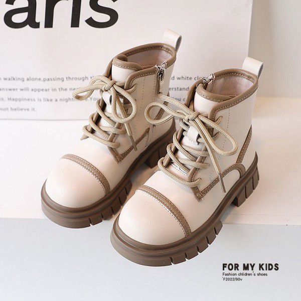 Children's niche contrasting Martin boots, girls' English style black small leather boots, autumn new children's boots, mid length boots 