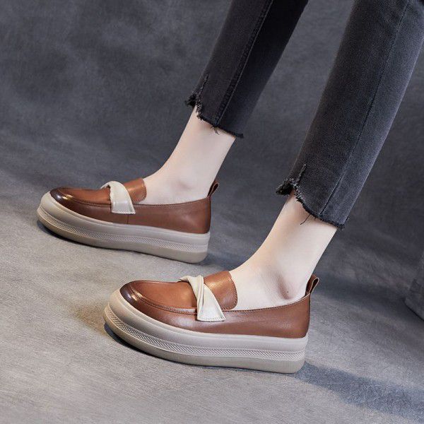 New spring cowhide casual single shoes women's soft soles color blocking thick soles Slip-on shoe women's leather retro mother's shoes 