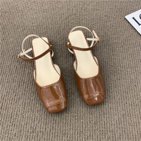 Red patent leather Baotou sandals for women in summer, versatile, square head, low heel, one button Mary Jane single shoes, Caligae 