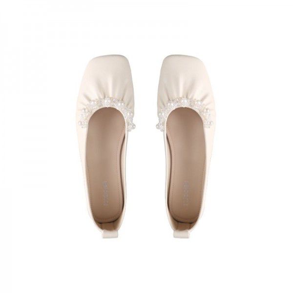 French Gentle Pearl Granny Shoes with Shallow Mouth, Square Head, Soft Flat Bottom, Elegant Single Shoe, Female Summer 