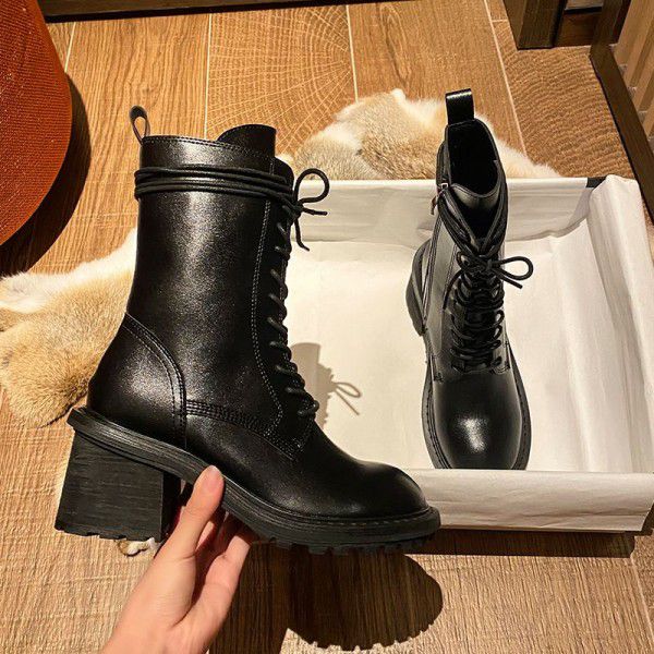 Thick heeled high heeled British style genuine leather Martin boots with black lace up round toe mid length versatile short boots 