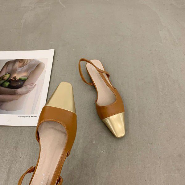 French low heeled small fragrant style baotou sandals for women's shoes, new spring and summer gold square toe 