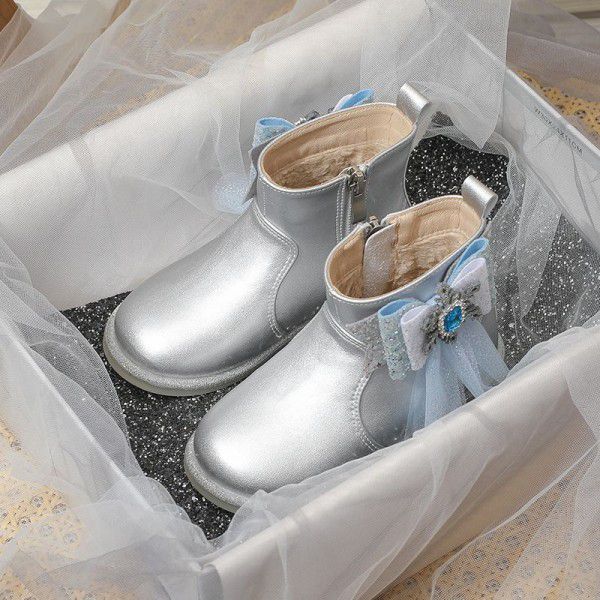 Girls' Short Boots Autumn New Children's Single Boots Little Girls English Style Leather Boots Bow Knot Plush Boots 