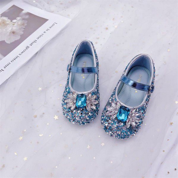 Girls' Crystal Shoes Spring New Aisha Princess Shoes Shiny Baby Little Leather Shoes Fashionable Soft Sole Single Shoes 