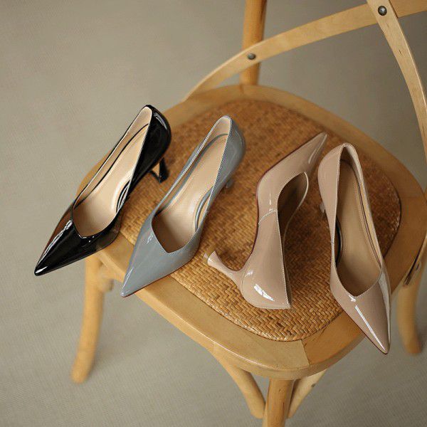 Spring Temperament Commuting Naked High Heels, Sheep Lacquer Leather, Simple Pointed Head, Shallow Mouth, Thin Heels, Work Professional Single Shoe Girl 