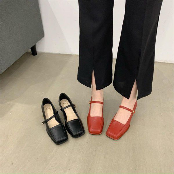 Red Mary Jane Shoes Women's Shoes Spring and Autumn New Hepburn Square Head French Fairy Shoes Gentle Single Shoes 