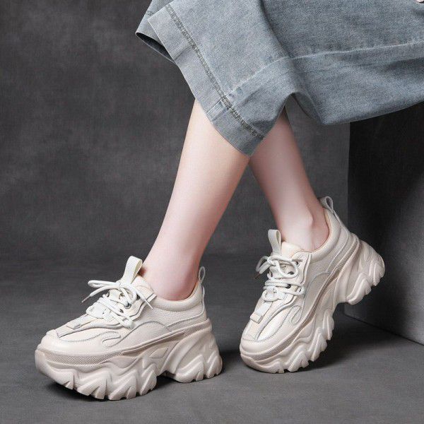 Sporty casual lace up women's shoes with genuine leather thick soles and high heels, dad's shoes and single shoes 