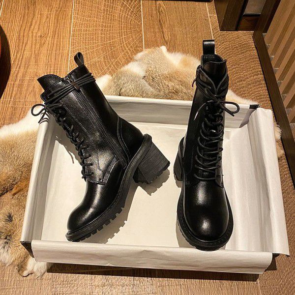 Thick heeled high heeled British style genuine lea...