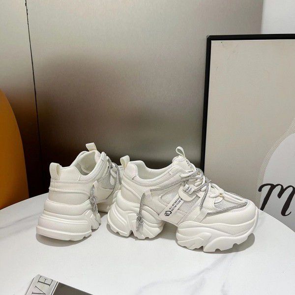 Genuine leather thick soled dad shoes for women's spring and summer new casual and versatile sports small white shoes Korean version with lace up mesh surface 