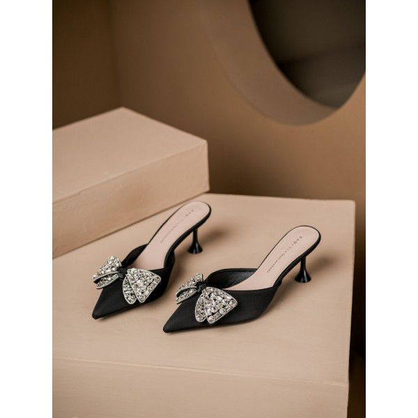 Advanced High Heel Baotou Half Slippers Women's Sandals New Style Pointed Thin Heel Bow 