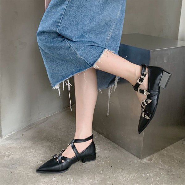 Fashionable cross belt pointed shallow cut single shoe for women's new belt buckle low heel shoes for women 