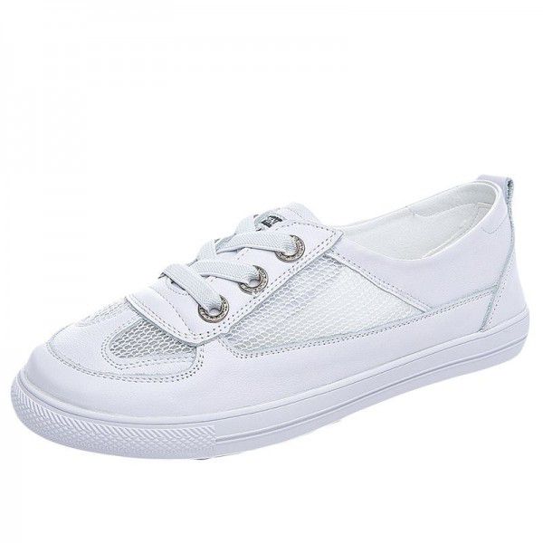 Large size small white shoes for women's summer new top layer cowhide flat sole single shoe hollow out breathable versatile casual shoes 