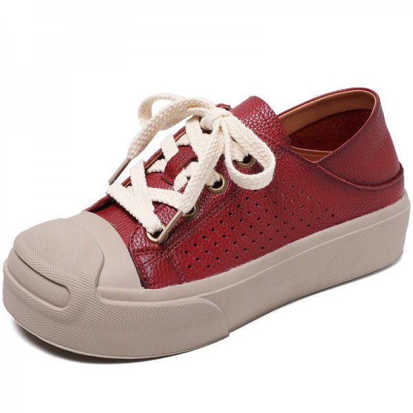 Thick soled casual board shoes for women's spring and summer new hollow hole shoes, genuine leather versatile single shoes, two pairs of lazy half slippers 