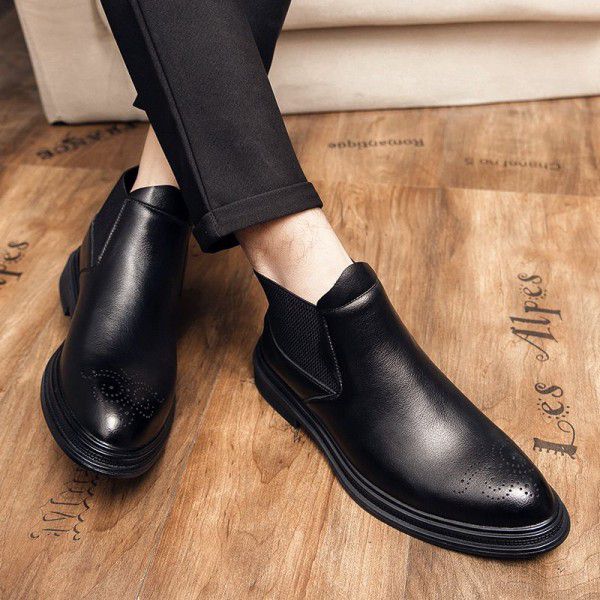 Leather boots men's shoes Spring and autumn new mid top leather shoes Chelsea boot foot covering men's short boots leather men's boots 