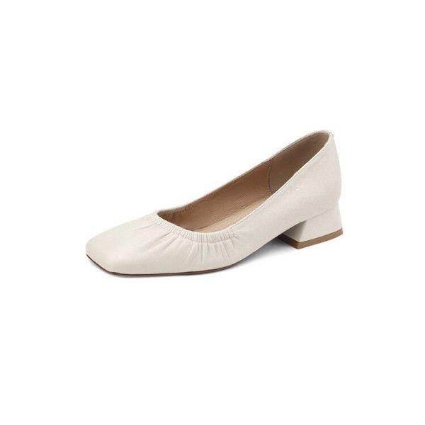 Spring New Square Headed Thick Heel Low Heel Pullover Single Shoes Beige White Black Apricot Versatile Comfortable Women's Shoes 