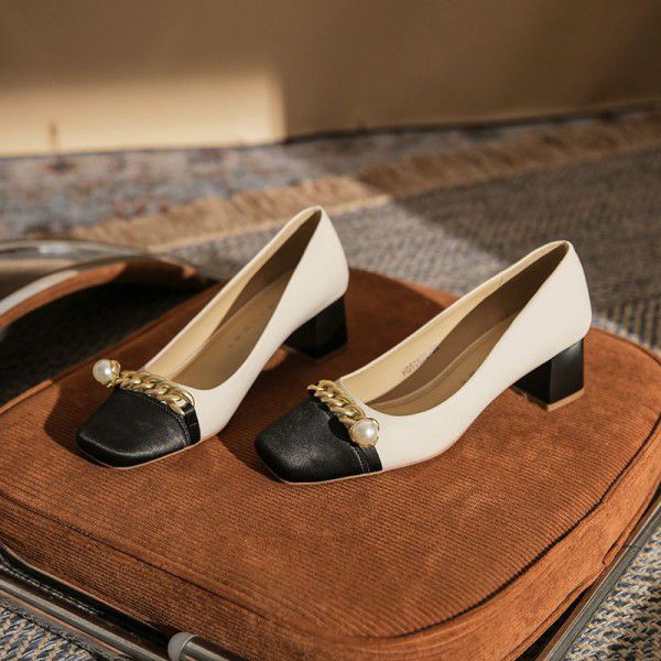 Spring New French Square Head Pearl Chain Temperament Celebrity Colored Small Thick Heel Shoes Women's High Heels 
