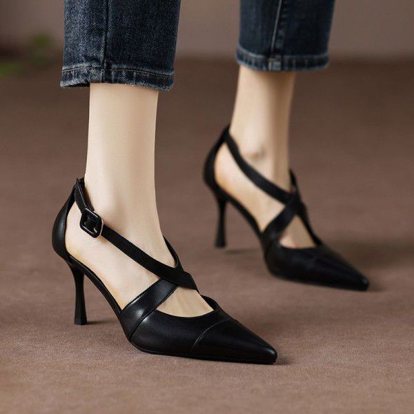 Slim high heels, summer pointed, crossed with cowhide foreskin, hollow sandals for women in large size 