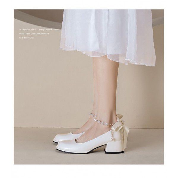 French round toe straight line high heels, thick heel shoes, fairy style pearl Mary Jane women's shoes, spring and autumn style for women 